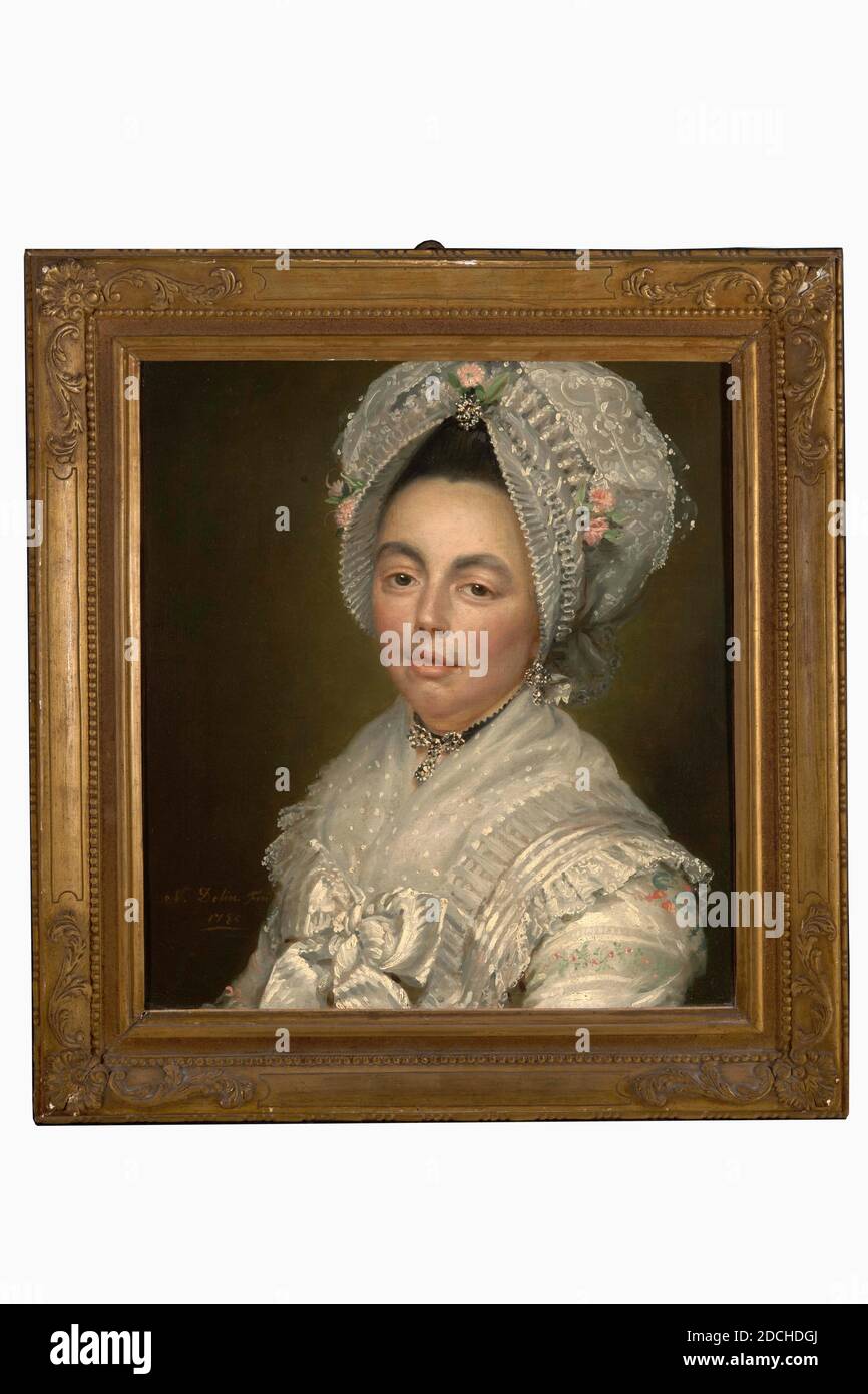 Peinture, Nicolas Joseph Delin, 1785, Signature avant, en bas à gauche, à côté de l'épaule: N. Delin fecit 1785, toile, peinture à l'huile, peint, porteur: 48.5 × 44.7 × 2.5cm (485 × 447 × 25mm), avec cadre: 63 × 60 × 4.5cm (630 × 600 × 45mm), portrait de femme, Portrait de femme: Maria J. Hoos. Elle est représentée comme un buste, face à gauche et regardant le spectateur. Elle porte un capot sur sa tête avec un bijou au milieu et qui est encore décoré de fleurs sur dentelle blanche. Ses vêtements sont également décorés de dentelle blanche, avec un noeud attaché ensemble sur sa poitrine. Elle est représentée sur fond sombre Banque D'Images