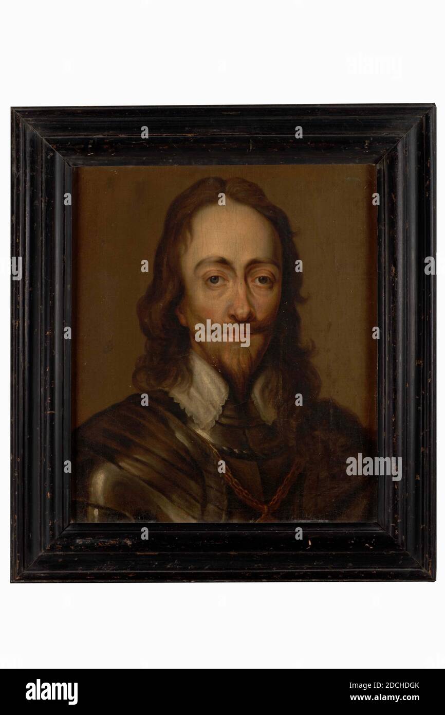 Peinture, XVIIe siècle, toile, peinture à l'huile, peinte, support: 49.5 × 42.5 × 1cm (495 × 425 × 10mm), avec cadre: 64.2 × 57 × 4cm (642 × 570 × 40mm), Portrait d'un homme: Roi Charles I d'Angleterre. Il est représenté comme un buste, face droit et regardant le spectateur. Le roi est représenté dans un costume d'armure et avec une chaîne d'or autour de son cou. Il porte des cheveux longs, une barbe pointue et une moustache. Non signé. La peinture est dans un cadre en bois peint en noir, le portrait de l'homme Banque D'Images