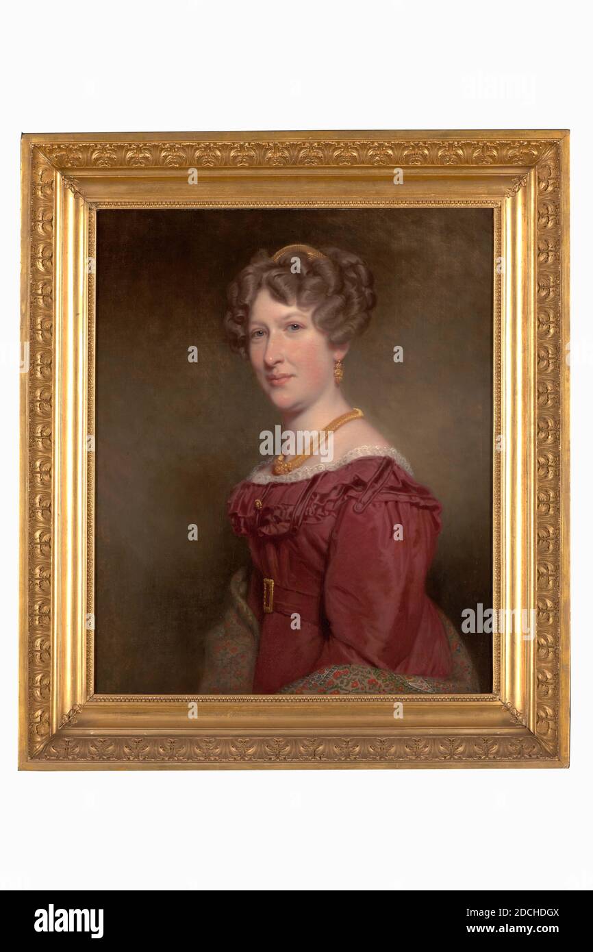 Peinture, Charles Howard Hodges, c. 1821, toile, peinture à l'huile, peinte, support: 72.5 × 69.5 × 2.5cm (725 × 695 × 25mm), avec cadre: 91.3 × 78 - 10.5cm (913 - 780 - 105mm), Portrait de femme, Portrait de femme: Margaretha Maria de Gijselaar. Elle est représentée comme une demi-figure, tournée des trois quarts vers la gauche et regardant le spectateur. Elle porte des cheveux blond bouclés et updo avec une bordure dorée, des boucles d'oreilles dorées et un collier. Elle est vêtue d'une grenouille rose-lilas garnie de dentelle. Une écharpe au Cachemire est suspendue autour de sa taille. Non signé. La peinture est dans un cadre en bois doré, 1938 Banque D'Images