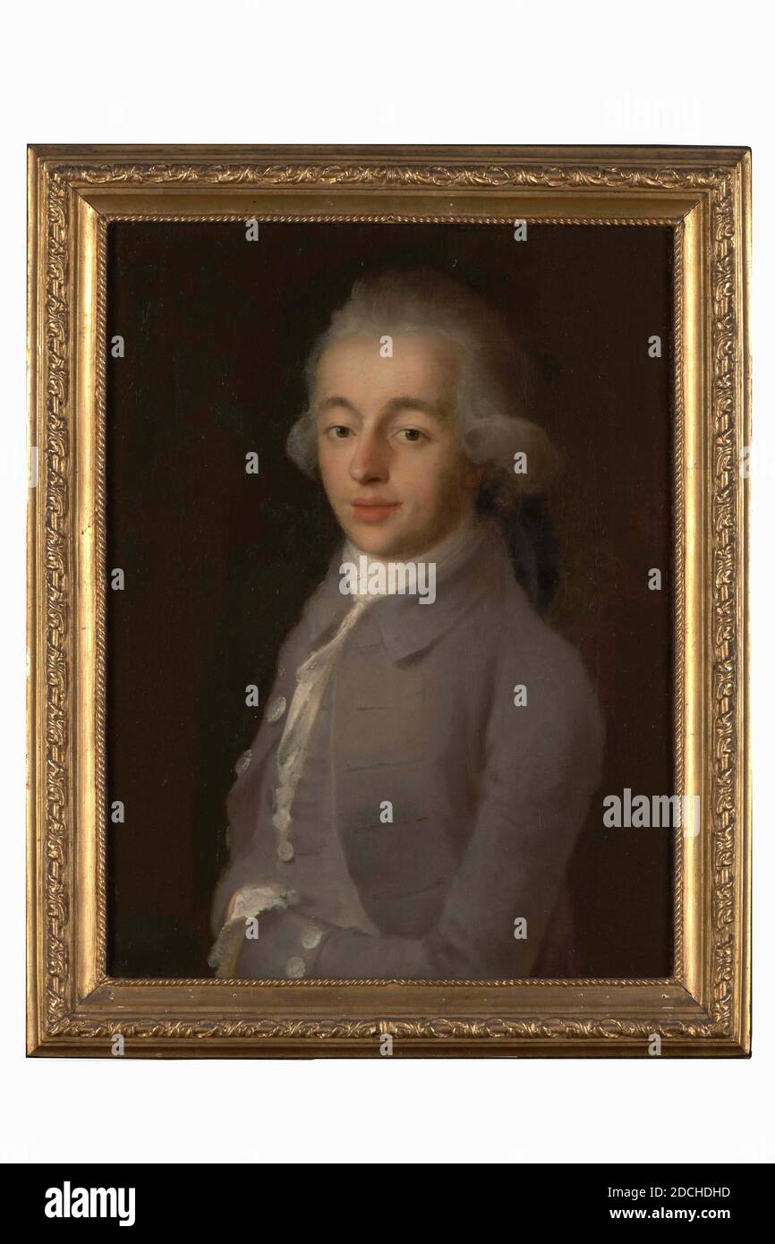 Peinture, Anonyme, ca. 1785, toile, peinture à l'huile, peinte, support: 64.3 × 48.2 × 2.1cm (643 × 482 × 21mm), avec cadre: 74.5 × 59 × 5.5cm (745 × 590 × 55mm), Portrait d'homme, Portrait d'homme: M. Jan de Kruyff. Il est représenté comme une demi-figure, tourné les trois quarts vers la gauche et regardant le spectateur. Il a mis la main gauche dans l'ouverture du gilet. Les cheveux en poudre sont attachés avec un noeud noir sur le dos et il porte une jupe grise et un gilet en dentelle. Non signé. La peinture est dans un cadre en bois doré, 1879 Banque D'Images