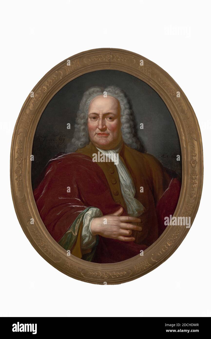 Peinture, Nicolaas Reijers, 1755, Signature avant, à droite, sur le pot Delft: N. Reijers fecit 1755, toile, peinture à l'huile, peint, général (dimensions selon catalogue 1983): 83 x 66cm (830 x 660mm), avec cadre: 95 x 79 , 2 x 6cm (950 x 792 x 60mm), Portrait d'homme: Samuel Luchtmans. Il est représenté comme une demi-figure, tourné vers la gauche et regardant le spectateur. Il se penche sur le coude gauche et a mis la main droite dans ses vêtements. Il porte une perruque à batterie grise, une jupe grise et une veste noire avec une cravate et des poignets en dentelle. À droite derrière lui se trouve un pot bleu de Delft avec une floraison Banque D'Images