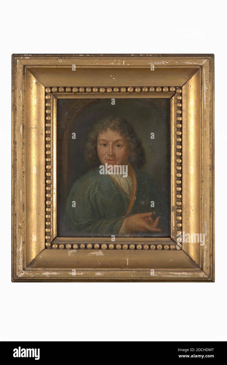 Peinture, Hieronymus van der Mij, 1717, façade Signature, sur l'arche : ÆTAT LVI.Ao MDCCXVII. , avant, hauteur de l'épaule droite: H. van dr Mij fec, panneau, peinture à l'huile, peint, porteur: 12.5 × 10.6 × 0.4cm (125 × 106 × 4mm), avec cadre: 19 × - 17 × 3cm (190 × 170 × 30mm), portrait de l'homme, Portrait d'un homme: Petrus Snakenburg. Il est représenté comme un buste, tourné vers la droite, tête vers la gauche et face au spectateur. Il est sous une arche de pierre. Il gestuelle avec la main droite. Ses cheveux sont gris et bouclés et il est habillé d'une robe de chambre bleue. Signé sur l'arche. La peinture est dans un cadre en bois doré Banque D'Images