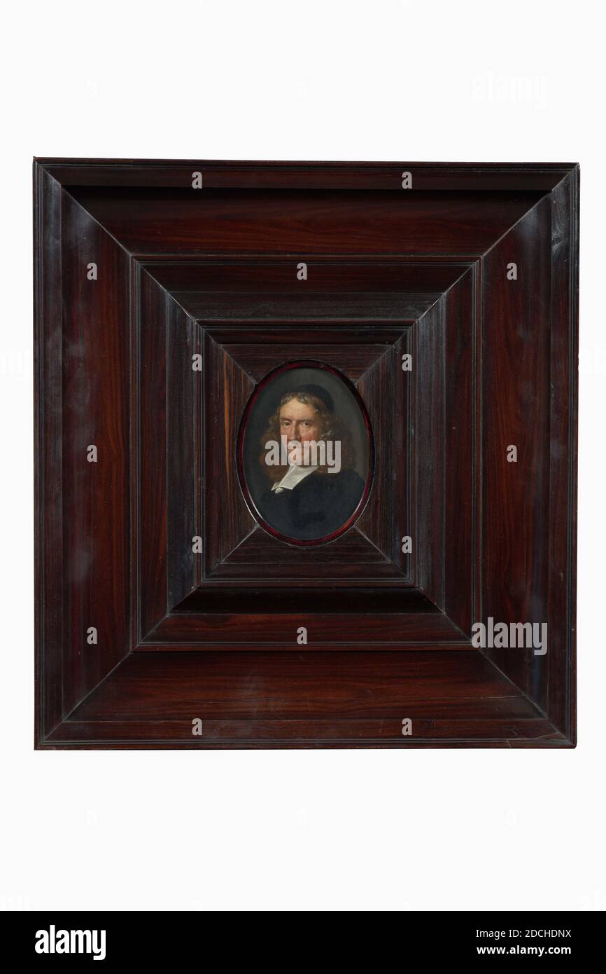 Peinture, Jan van Mieris, 1685, panneau, peinture à l'huile, peint, support: 13.2 × 10.1 × 0.5cm (132 × 101 × 5mm), avec cadre (à l'exclusion de l'œil de suspension): 40.9 37.6 × 5.1cm (409 × 376 × 51mm), portrait de l'homme, Portrait d'un homme: Le Leiden Wanderer Pieter Flandrijn. Il est représenté en pleine longueur, debout dans une cour devant une maison. Il porte une veste et un pantalon marron et porte une casquette sur sa tête. Dans la porte de la maison est une femme avec un enfant. Dans la cour, vous pouvez voir un enfant jouer avec un cerceau, un chat et un chien. L'artiste a décrit un incident dans lequel Flandrijn vient de poser des questions sans succès Banque D'Images