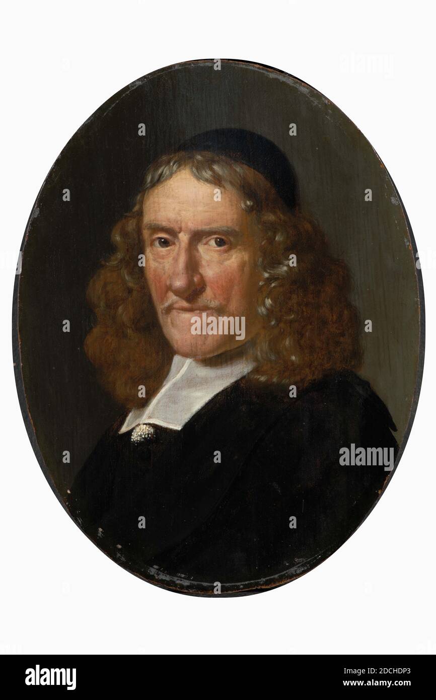 Peinture, Jan van Mieris, 1685, panneau, peinture à l'huile, peint, support: 13.2 × 10.1 × 0.5cm (132 × 101 × 5mm), avec cadre (à l'exclusion de l'œil de suspension): 40.9 37.6 × 5.1cm (409 × 376 × 51mm), portrait de l'homme, Portrait d'un homme: Le Leiden Wanderer Pieter Flandrijn. Il est représenté en pleine longueur, debout dans une cour devant une maison. Il porte une veste et un pantalon marron et porte une casquette sur sa tête. Dans la porte de la maison est une femme avec un enfant. Dans la cour, vous pouvez voir un enfant jouer avec un cerceau, un chat et un chien. L'artiste a décrit un incident dans lequel Flandrijn vient de poser des questions sans succès Banque D'Images