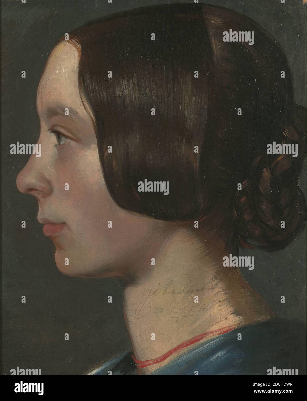 Peinture, Alexander Hugo Bakker Korff, c. 1851, toile, peinture à l'huile, support : 30.3 × 25,3 cm (303 × 253 mm), avec cadre : 34.4 × 29.5 × 2 cm (344 × 295 × 20 mm), portrait de femme, peinture représentant un intérieur stable. Sous un plafond à demi-décidée, un coup de feu peut être vu au milieu avec quelques vêtements. Sur la droite se trouve un grand panier de foin. Sur la gauche se trouve une porte à moitié ouverte, sur laquelle est suspendue un manteau. Non signé. La peinture est dans un cadre en bois doré Banque D'Images