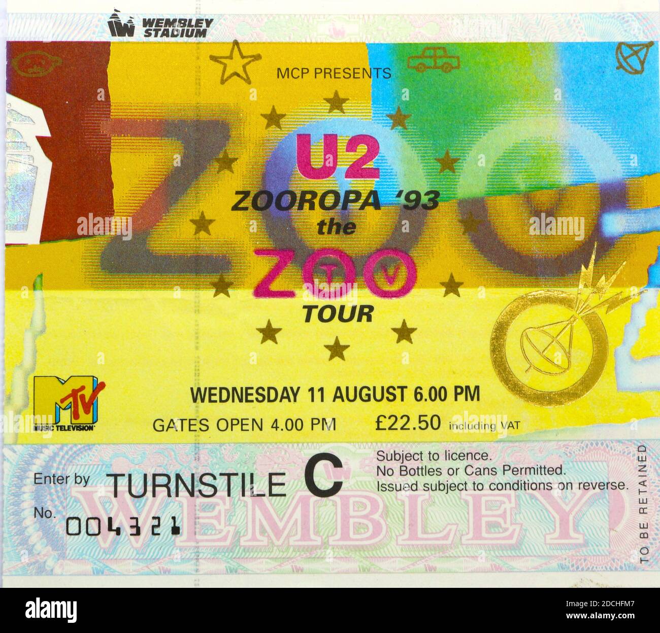 Billet d'entrée pour U2 au stade de Wembley Londres Angleterre Royaume-Uni mercredi 11 août 1993 Zooropa '93 visite télévisée du zoo Banque D'Images