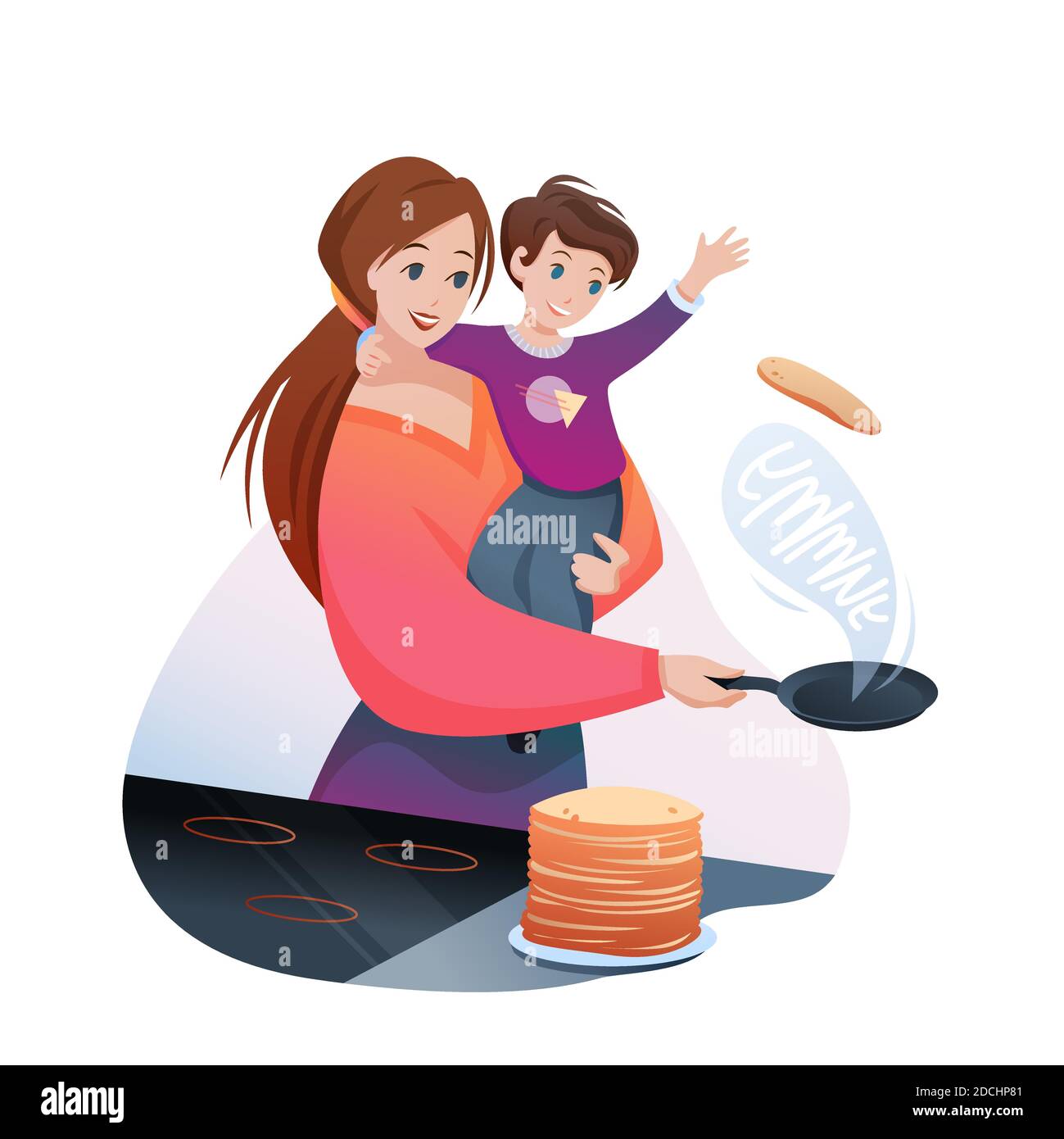 Mère cuisiniers famille petit déjeuner illustration vectorielle, dessin animé plat personnage de maman avec garçon enfant cuisiner crêpes délicieuses isolées sur blanc Illustration de Vecteur