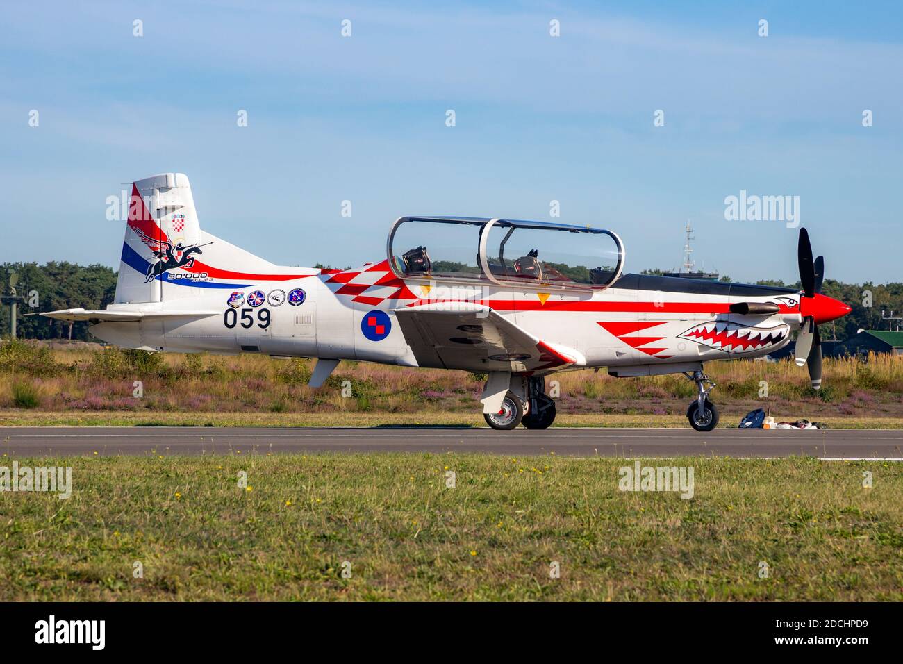 Croate Air Force Pilatus PC-9 entraînement en train de rouler en avion à la base aérienne de Kleine-Brogel. Belgique - 14 septembre 2019 Banque D'Images