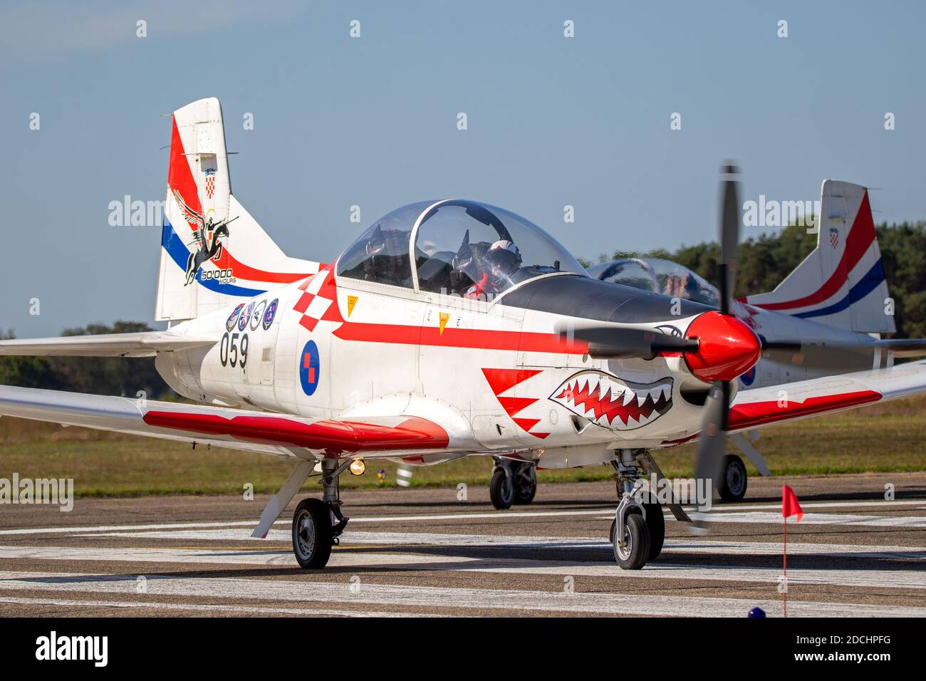 Croate Air Force Pilatus PC-9 entraînement en train de rouler en avion à la base aérienne de Kleine-Brogel. Belgique - 14 septembre 2019 Banque D'Images