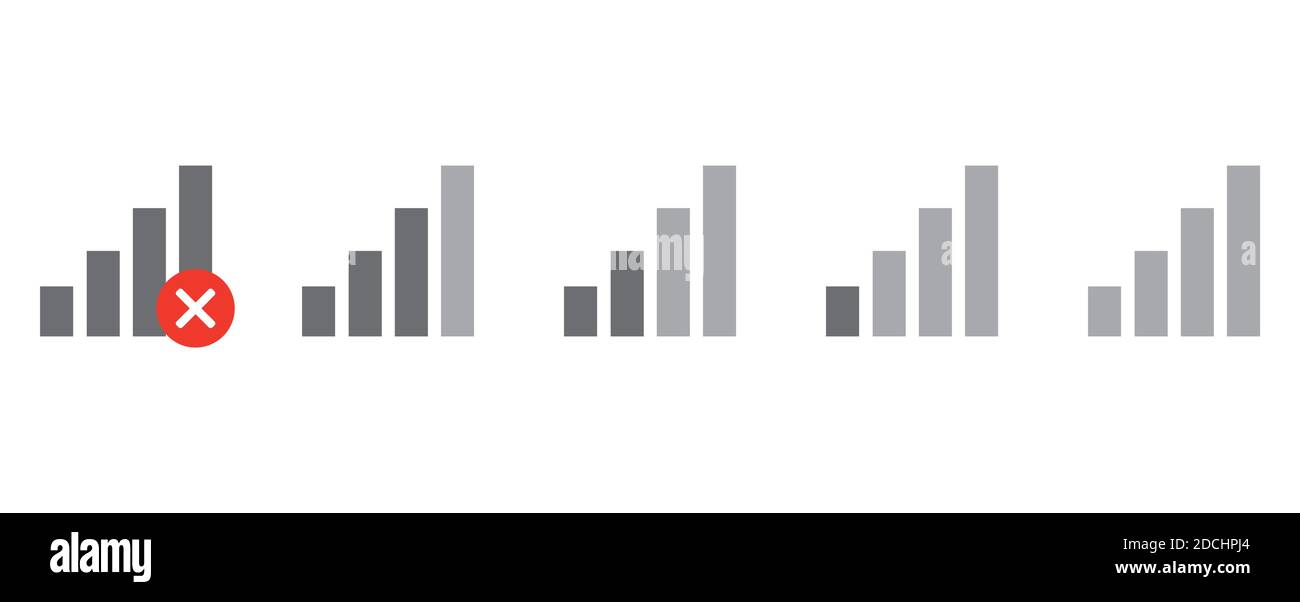 ensemble d'indicateurs de puissance du signal. Wi-Fi, connexion sans fil, puissance du signal de l'antenne sur fond blanc. Illustration de Vecteur