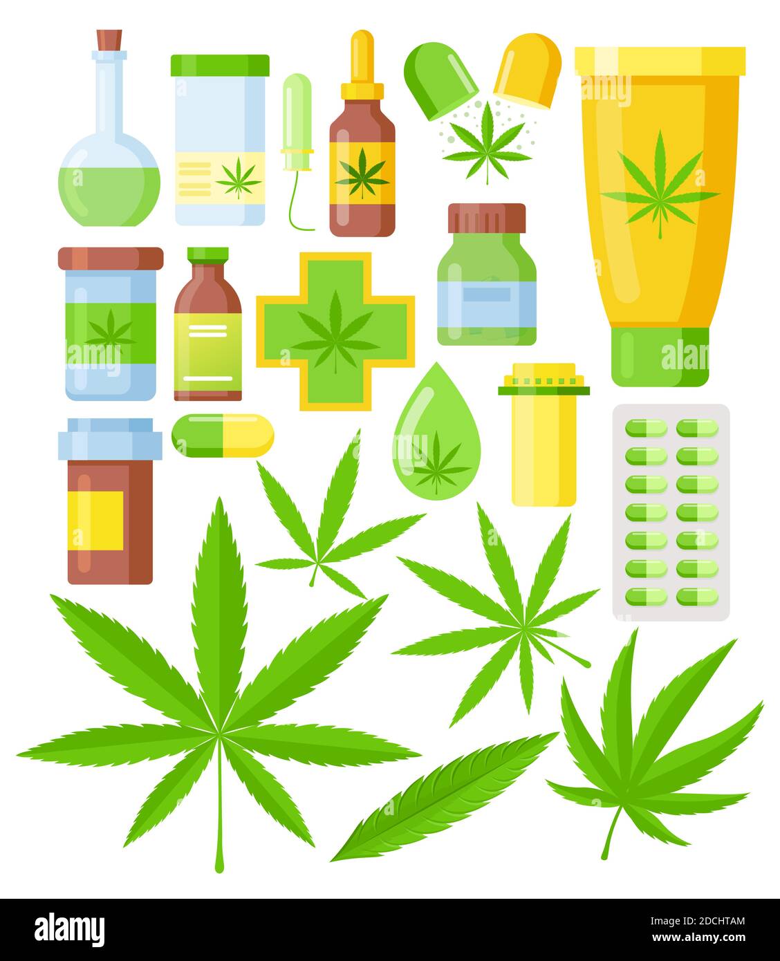 Illustration vectorielle ensemble de cannabis médecine dessin animé icônes plates. Marijuana médicale avec bouteille de verre d'huile de chanvre, feuille de cannabis isolée sur blanc Illustration de Vecteur