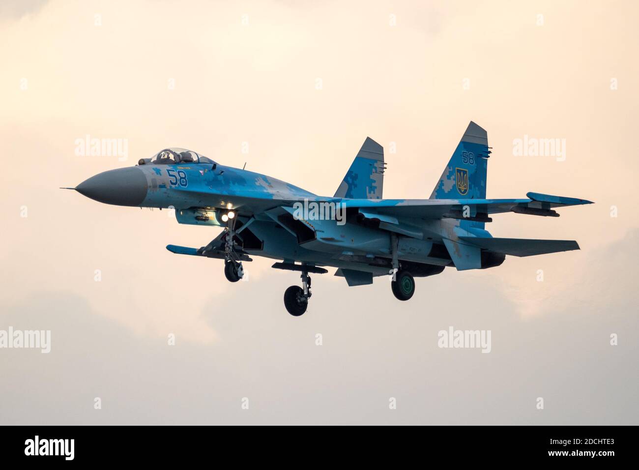 L'avion de chasse Sukhoi su-27 de la Force aérienne ukrainienne s'arrge à la base aérienne de RAF Fairford. Royaume-Uni - 13 juillet 2018 Banque D'Images
