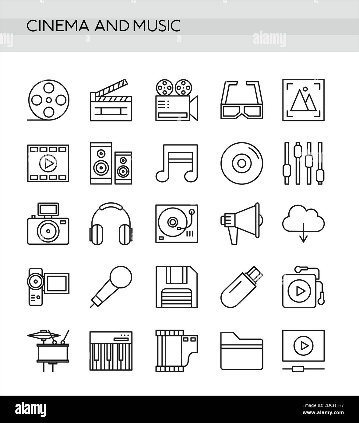 Ensemble d'illustrations vectorielles de cinéma et de musique en ligne fine isolée sur fond blanc. Illustration de Vecteur Ensemble d'illustrations vectorielles de cinéma et de musique en ligne fine isolée sur fond blanc. Illustration de Vecteur