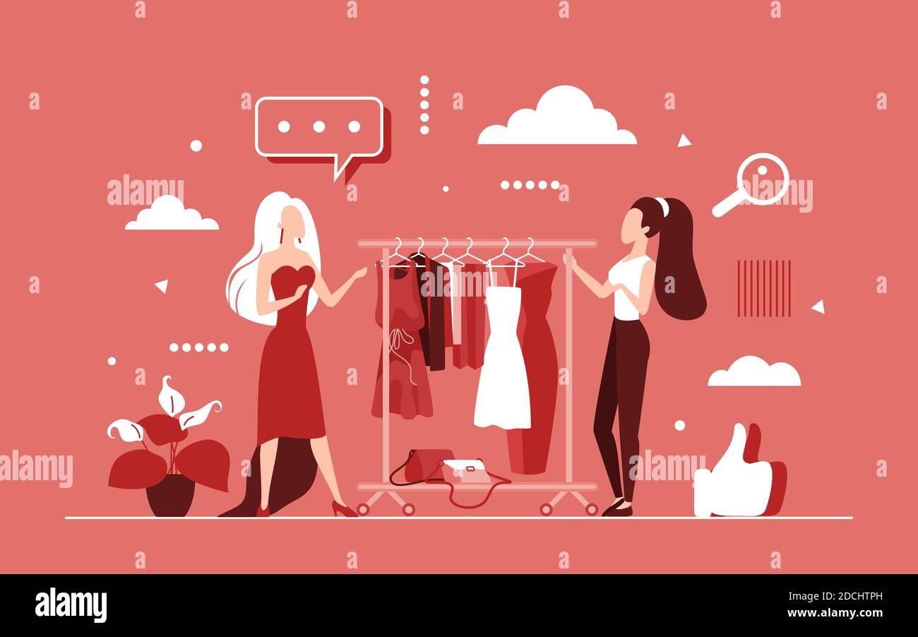 Choisissez d'acheter des vêtements dans un magasin de mode de vêtements ou une boutique concept vector illustration. Caricature femme acheteur personnage de consommateur choisir des vêtements de robe, sacs à main accessoires pendant l'arrière-plan de shopping Illustration de Vecteur