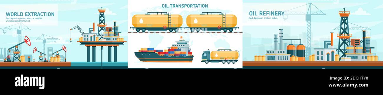 Illustrations vectorielles plates de la technologie de l'industrie du gaz de pétrole avec extraction de brut offshore, transport, kit de production industrielle de raffinerie Illustration de Vecteur