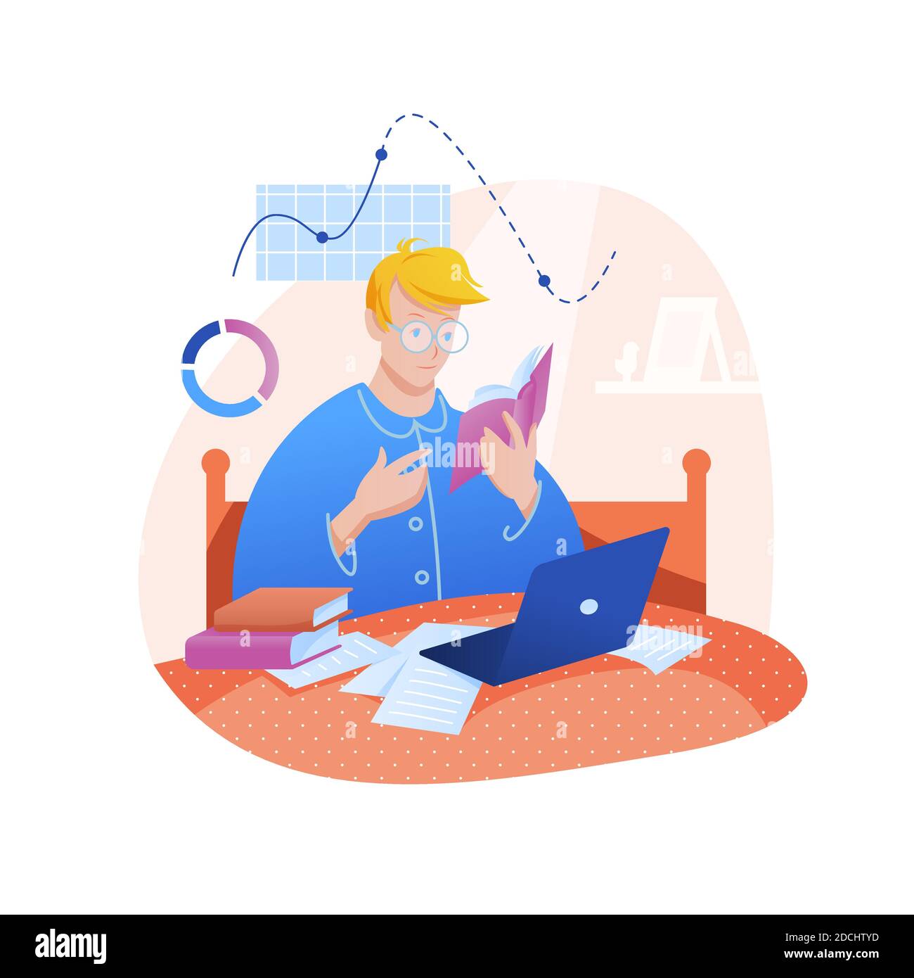 Étude, travail à la maison illustration vectorielle plate, dessin animé jeune homme étudiant personnage à partir de livres, faire des devoirs sur ordinateur portable isolé sur Illustration de Vecteur