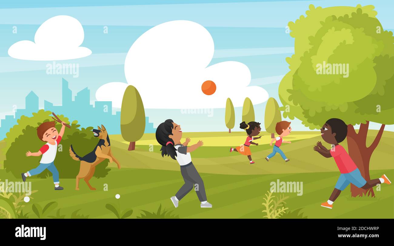 Les enfants jouent dans l'illustration vectorielle du parc d'été. Dessin animé enfant chien d'entraînement, les enfants ont l'amusement, la course et de jouer avec le ballon sur l'herbe verte, l'activité de sport en plein air dans le fond de l'enfance Illustration de Vecteur