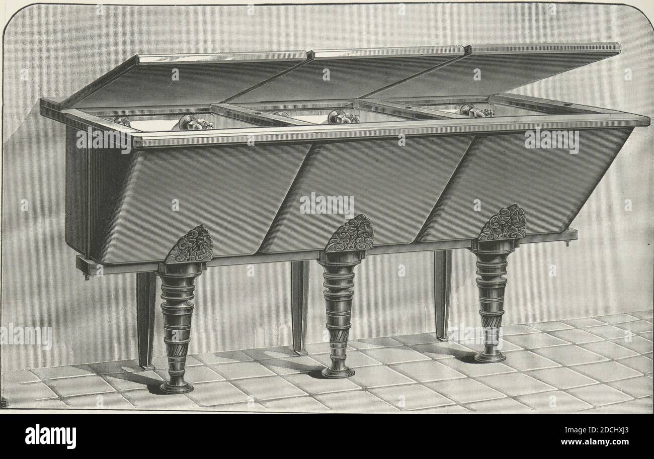 Les bacs de lavage en porcelaine impériale sont équipés de couvercles et de robinets à l'intérieur. Planche 180-D., texte, 1884 Banque D'Images