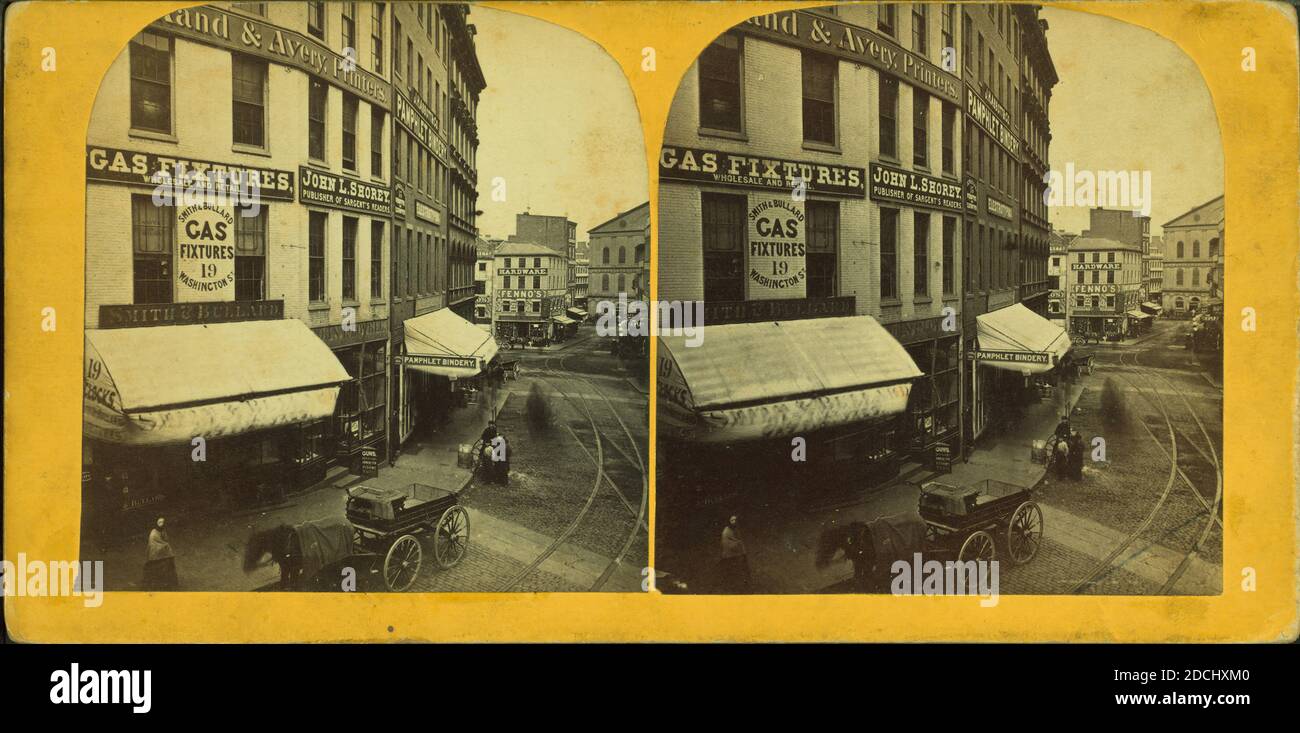 Vue de rue non identifiée avec des bâtiments commerciaux, des pistes de tramway et des buggies., image fixe, stéréographes, 1850 - 1930 Banque D'Images