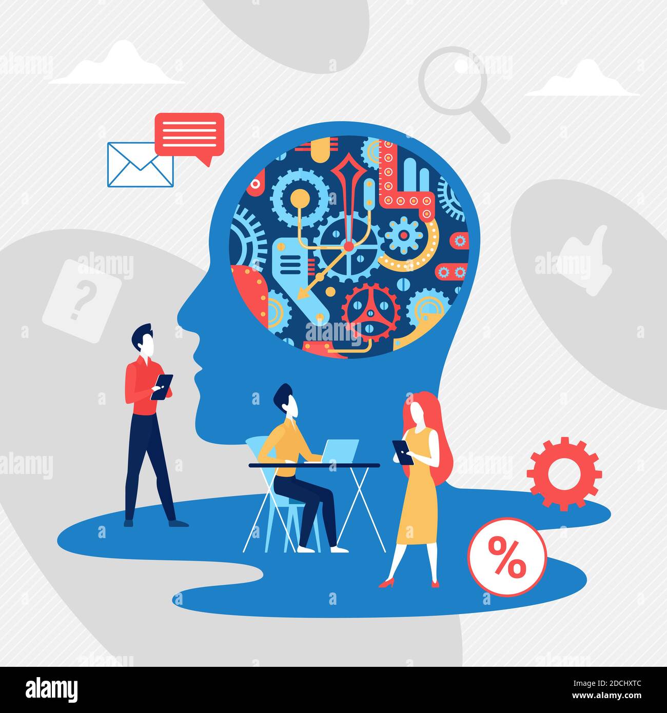 Illustration du vecteur du concept Brain Gears in Work Progress. Caricature de personnes minuscules, travaillant à côté de la silhouette abstraite de la tête humaine avec des roues dentées, remue-méninges métaphore de l'intelligence arrière-plan Illustration de Vecteur