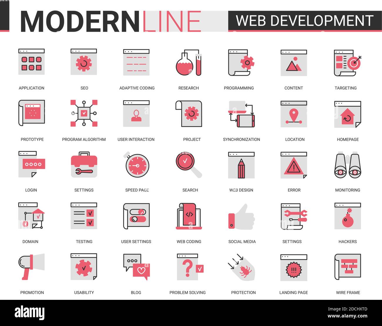 Jeu d'illustrations vectorielles de l'icône de développement Web rouge noir. Outline site web application mobile développement de symboles collection d'optimisation pour le contenu de page Web, application de conception d'interface utilisateur Illustration de Vecteur