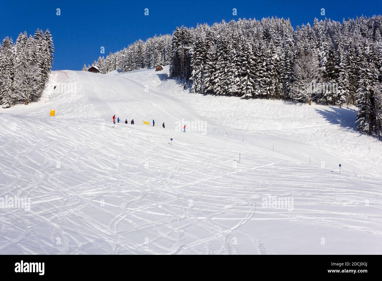 Groep de skieurs descendant sur les pistes de ski de Filzmoos (Autriche) un beau matin d'hiver Banque D'Images