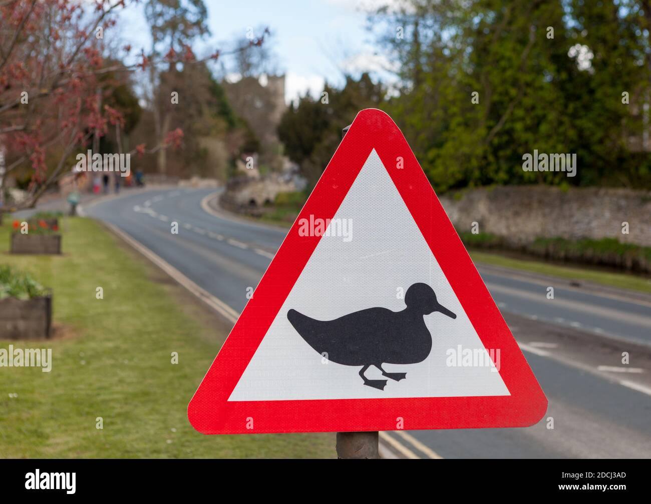 Canards traversant le panneau d'avertissement sur une route de campagne à Thornton-le-Dale, North Yorkshire Banque D'Images
