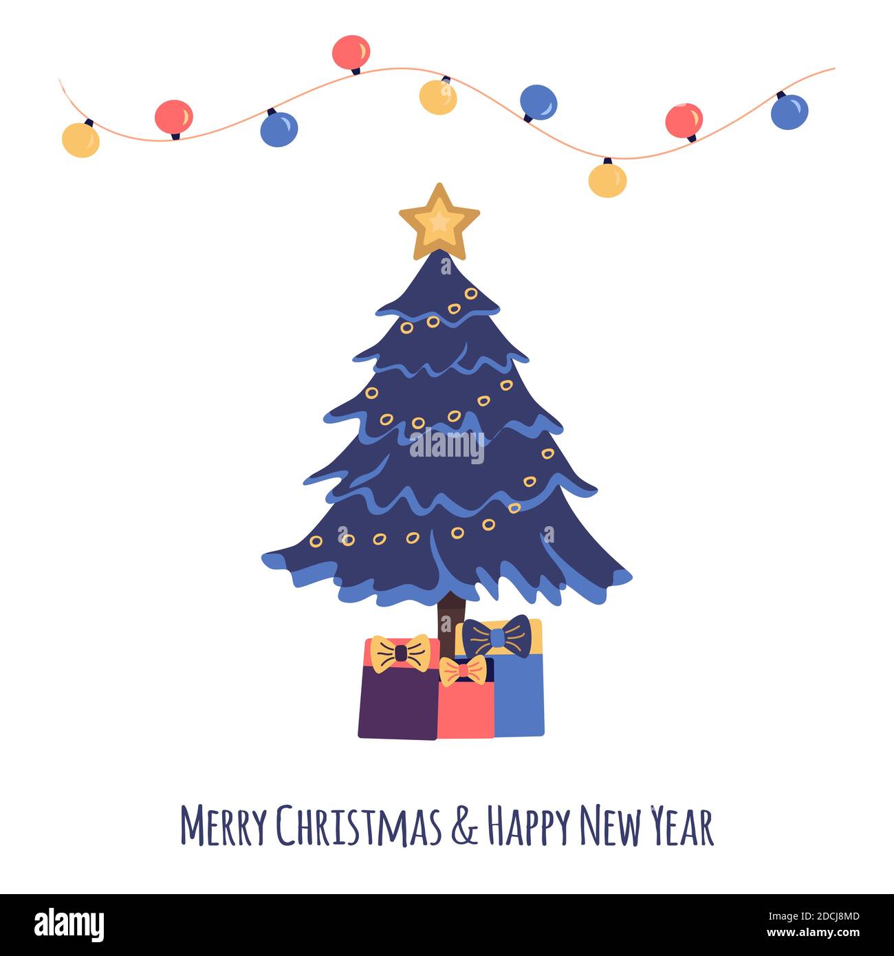 Arbre de Noël bleu avec guirlande, boîtes-cadeaux avec noeuds. Illustration vectorielle de carte de Noël colorée. Inscription Joyeux Noël et joyeux y Illustration de Vecteur
