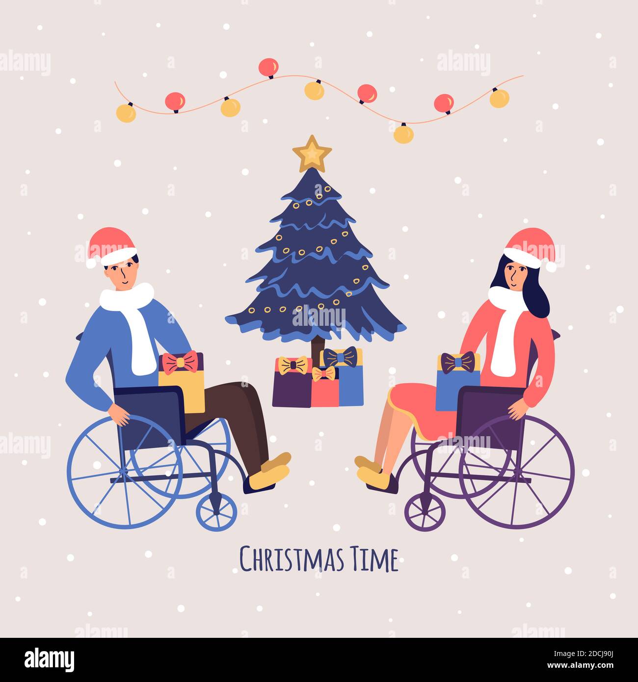 Un homme et une femme en fauteuil roulant célèbrent Noël et le nouvel an. Arbre de Noël avec cadeaux. Chapeaux du Père Noël. Garland. Les personnes avec la disabilitie Illustration de Vecteur