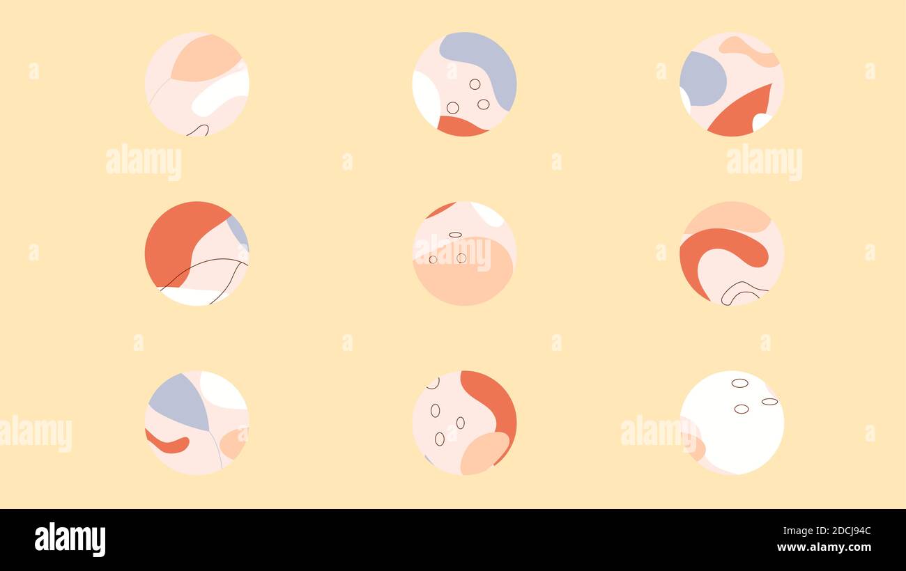 Mise en évidence. Des icônes rondes aux formes abstraites, aux feuilles et à l'arc-en-ciel. Pour les histoires de médias sociaux, blogueurs. Vecteur d'arrière-plan de cercle de couleur pastel tendance Illustration de Vecteur