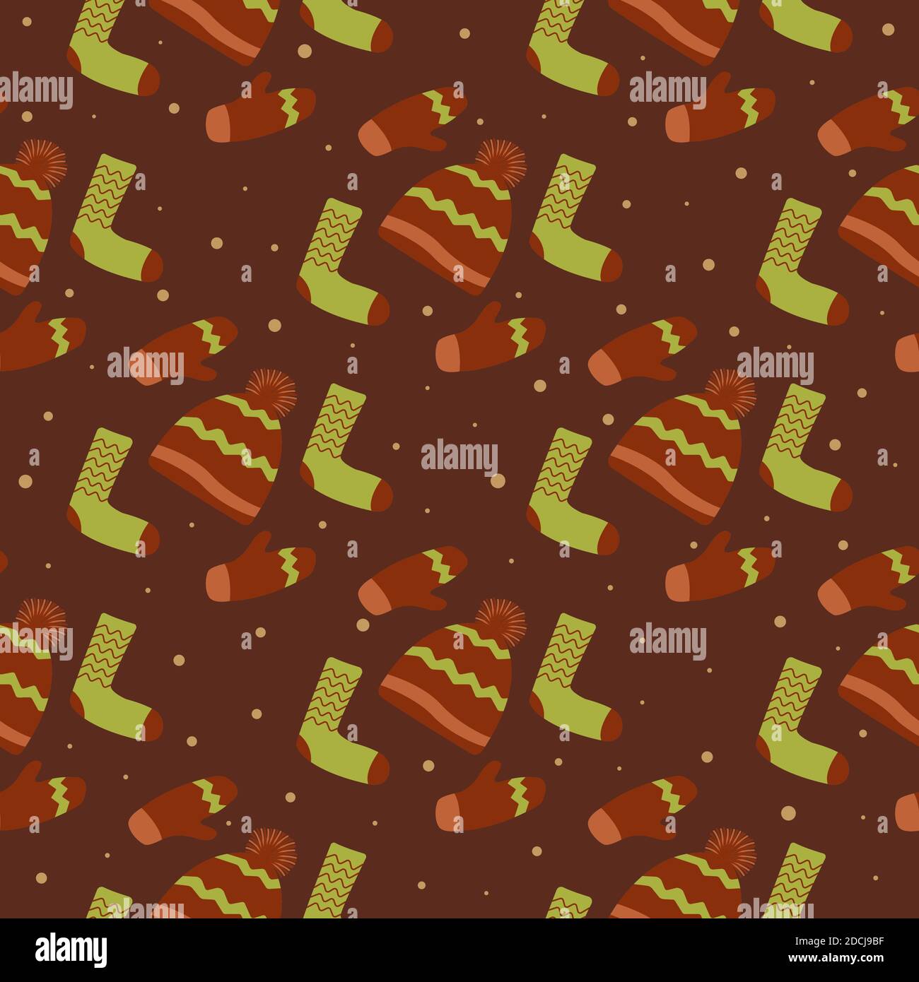 Chaussettes chaudes, moufles et chapeau à motif sans coutures avec pompon et neige tombant. Motif de Noël, emballage d'hiver. Arrière-plan marron. Illustrateur de vecteur Illustration de Vecteur
