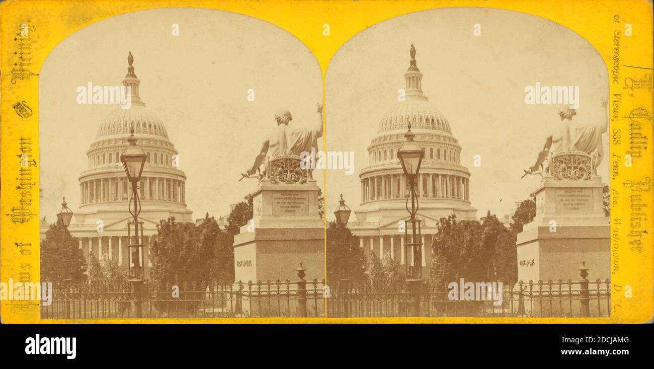 Capitole des États-Unis, avec la statue de Washington au premier plan., image fixe, stéréographes, 1850 - 1930 Banque D'Images