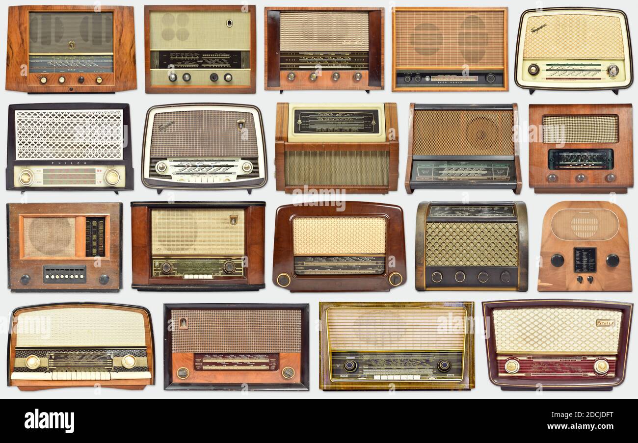 Collection de radios anciennes, arrière-plan d'équipement audio rétro Banque D'Images