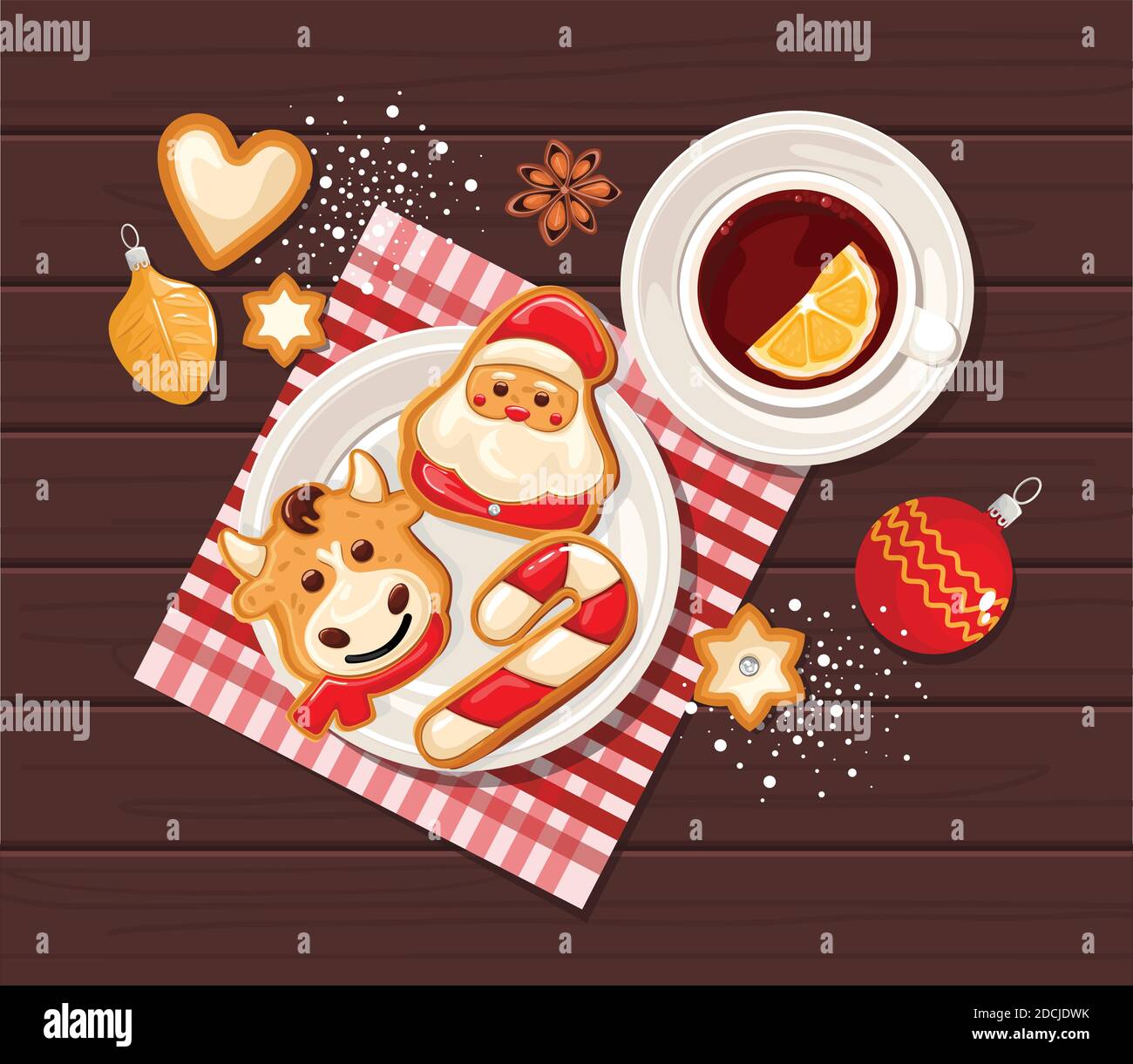 Fête de Noël avec des sucettes en pain d'épice et des anis étoilé sur fond de bois. Illustration de Vecteur