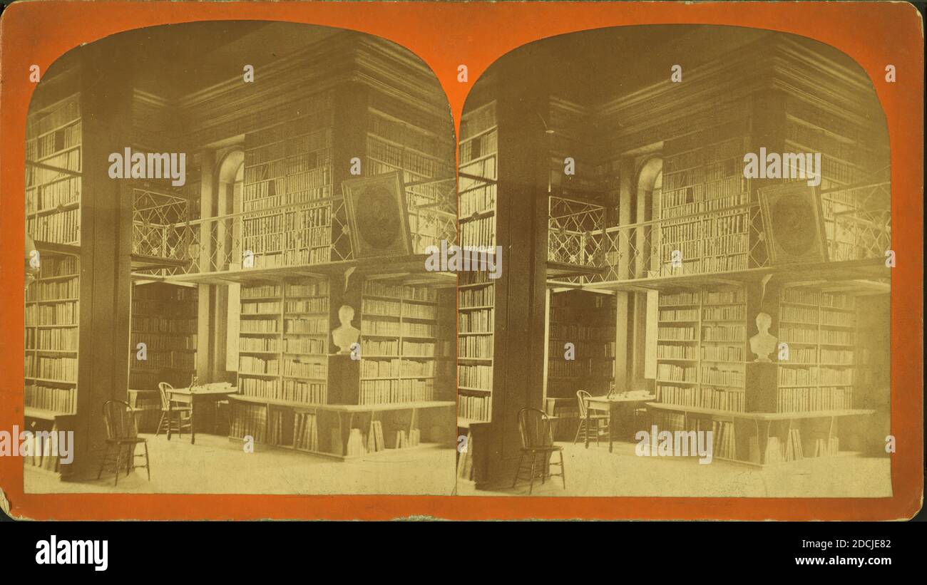 Intérieur de la bibliothèque de l'Université de Colby, Waterville, Maine., image fixe, stéréographes, 1850 - 1930 Banque D'Images
