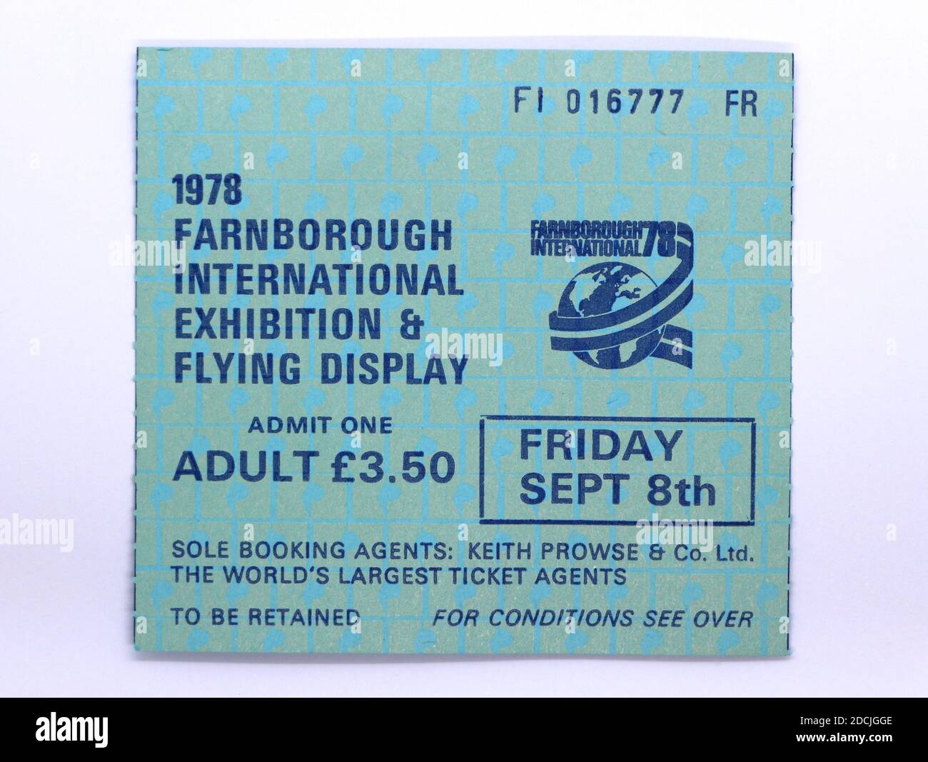 Photo du billet d'entrée à l'exposition internationale et exposition de vol de Farnborough 1978 daté du vendredi 8th septembre, £3,50 entrées adultes Banque D'Images