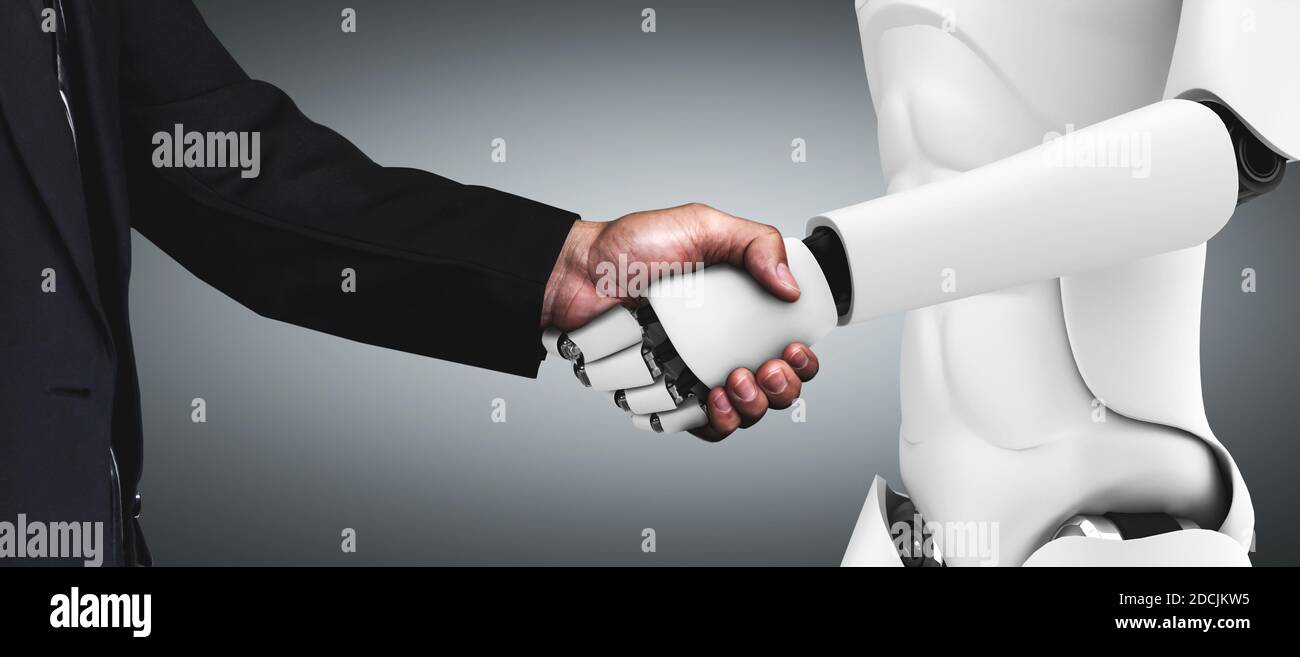 Le rendu 3D humanoïde robot poignée de main pour collaborer le développement futur de la technologie par l'intelligence artificielle cerveau, l'intelligence artificielle et l'apprentissage machine Banque D'Images