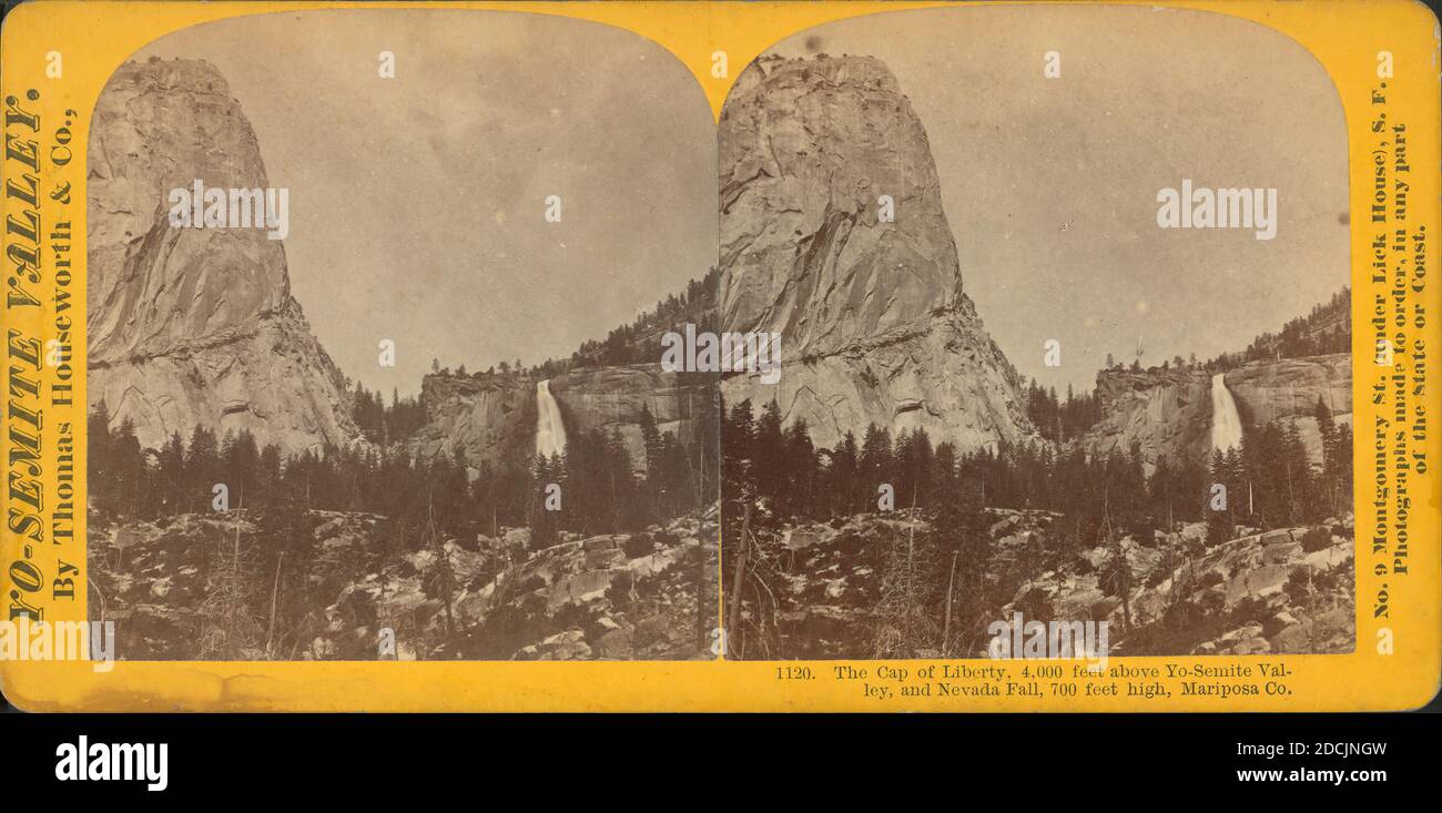 Le Cap de la liberté, 4,000 pieds au-dessus de la vallée Yo-Semite et de l'automne Nevada, 700 pieds de haut, Mariposa Co., image fixe, stéréographes, 1850 - 1930 Banque D'Images