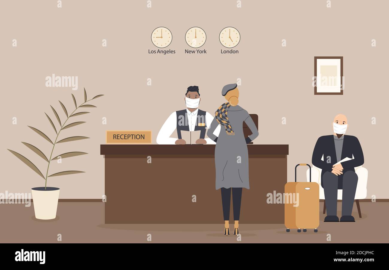 Réceptionniste afro homme dans un masque médical de protection derrière le lieu de travail servir dame dans l'hôtel ou la banque. Intérieur d'un bureau de réception moderne dans la salle d'attente Illustration de Vecteur Réceptionniste afro homme dans un masque médical de protection derrière le lieu de travail servir dame dans l'hôtel ou la banque. Intérieur d'un bureau de réception moderne dans la salle d'attente Illustration de Vecteur