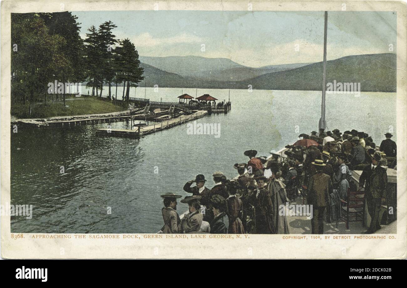 Green Island, à l'approche de Sagamore Dock, Lake George, N. Y., image fixe, cartes postales, 1898 - 1931 Banque D'Images