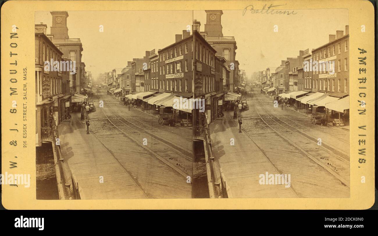 Baltimore Street[vers l'ouest. Bâtiments commerciaux avec auvents]., image fixe, stéréographes, 1870 Banque D'Images
