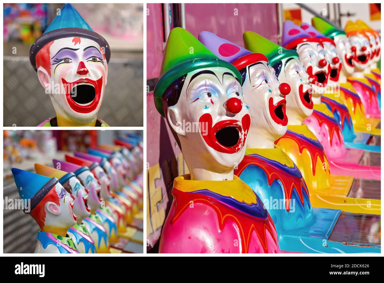 Collage de clowns pour le jeu de balle dans la bouche sur le côté de la salle de spectacle à un