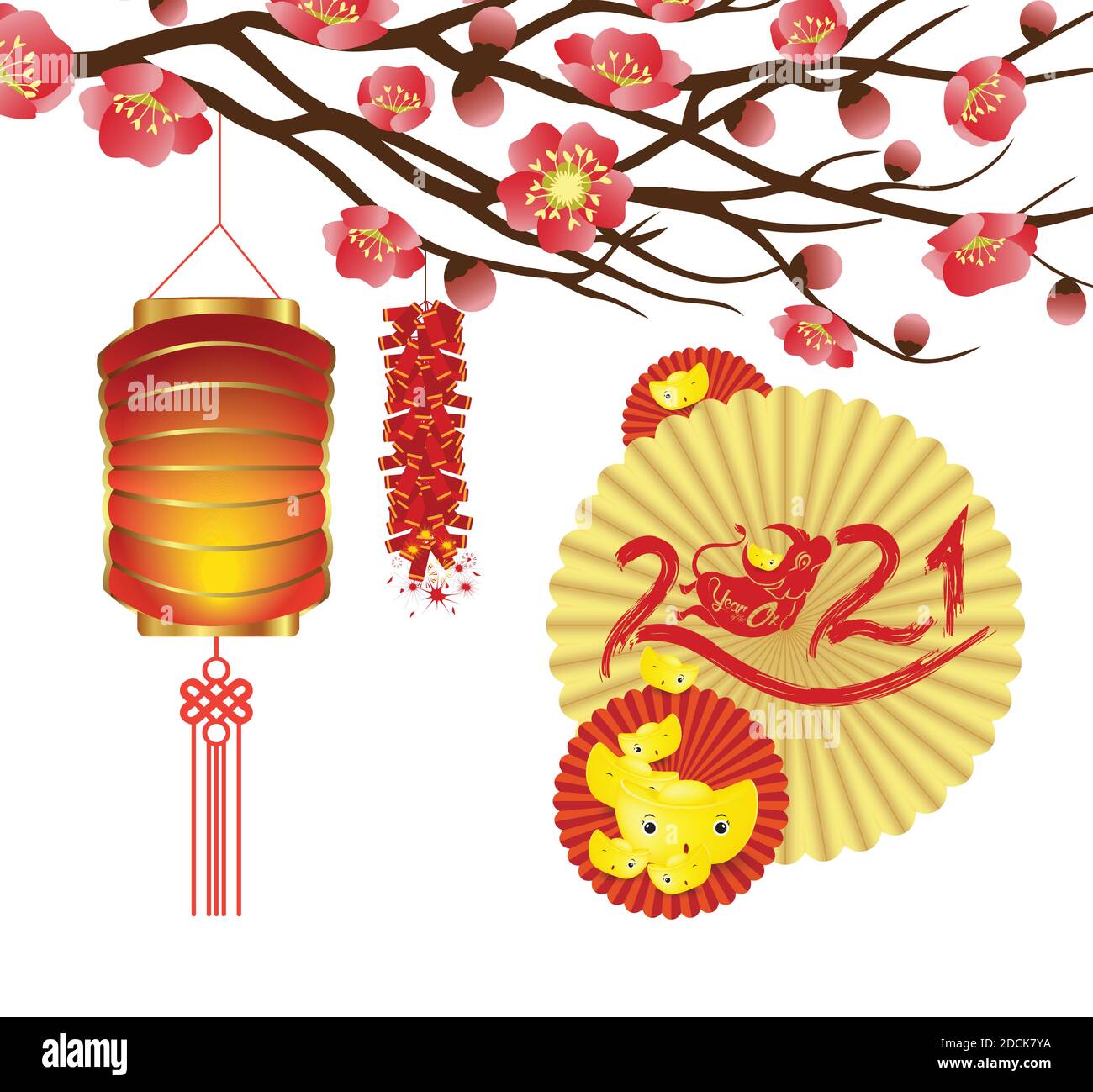 Nouvel an chinois 2021 année du boeuf, lanterne, lingots d'or, caractère de boeuf, fleurs et éléments asiatiques avec style artisanal sur fond Illustration de Vecteur