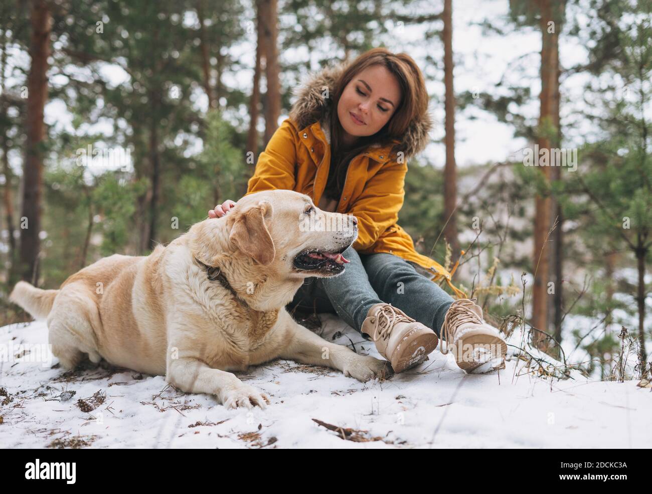 Jeune femme souriante en veste jaune avec grand blanc gentil Chien Labrador marchant dans la forêt d'hiver Banque D'Images