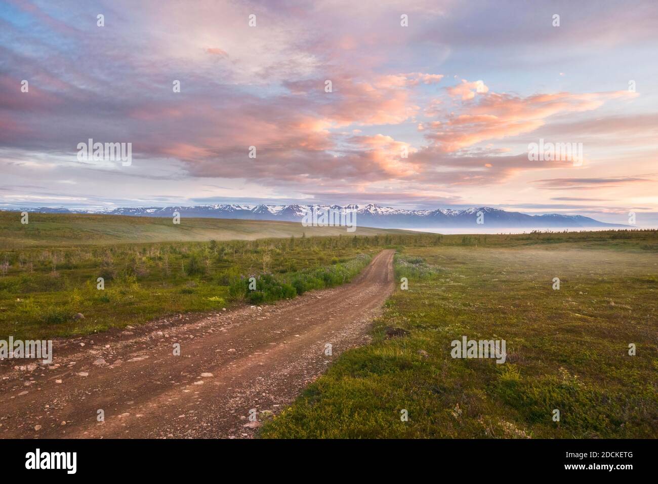 Route de gravier à travers la plaine en automne dans la lumière du soir, montagnes enneigées à l'arrière, Norourping, Norourland eystra, Islande Banque D'Images