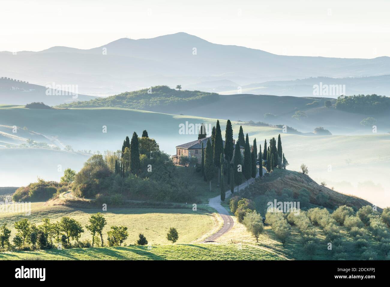 Domaine Podere Belvedere au lever du soleil, Val d'Orcia, San Quirico d'Orcia, Sienne, Toscane, Italie Banque D'Images