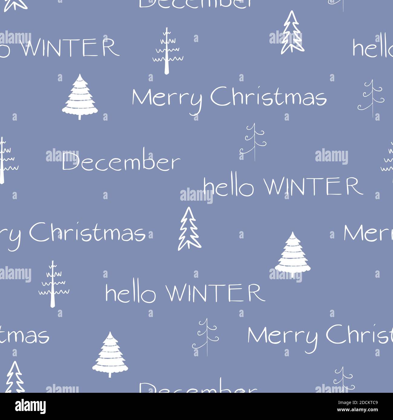 Bonjour hiver, décembre, joyeux noël texte avec des arbres blancs sur fond bleu. Motif de Noël sans couture pour un imprimé, un motif textile ou du papier Illustration de Vecteur