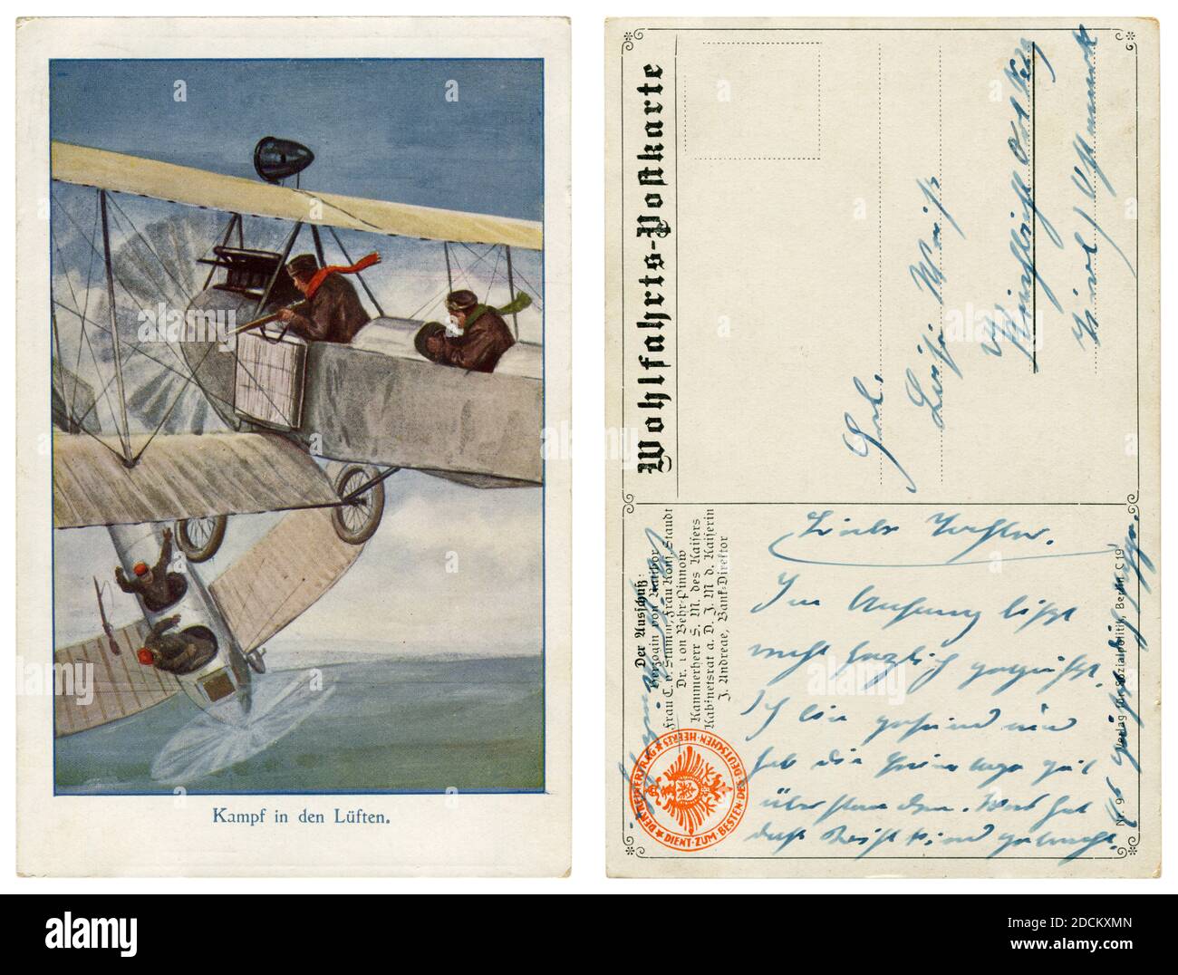 Carte postale historique allemande: Combat dans les airs à l'aube de l'aviation: Pilotes de duel de fusil de deux avions, le pilote de l'avion ennemi a été tué, la première guerre mondiale Banque D'Images