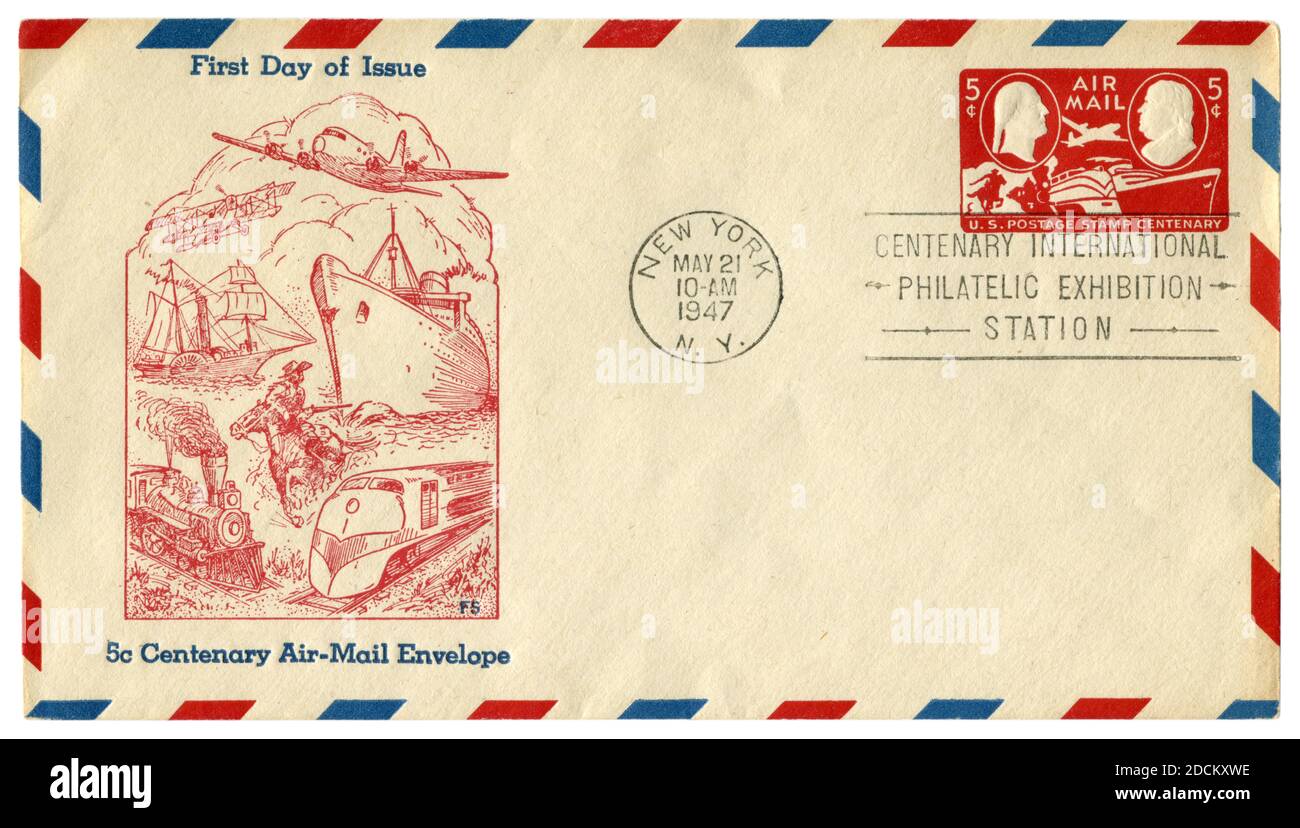 New-York, les Etats-Unis - 21 mai 1947: ENVELOPPE historique DES ETATS-UNIS: Couverture avec enveloppe de courrier aérien centenaire de 5 cents cachet, exposition philatélique internationale Banque D'Images