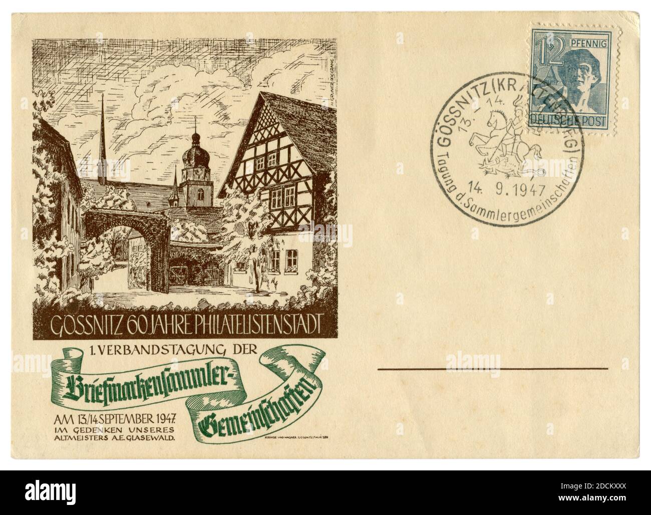 Gößnitz, Thuringe, ALLEMAGNE — 14 septembre 1947: Gössnitz 60 ans de philatélistes de la ville, 1 Réunion d'association des collectionneurs de timbres Banque D'Images